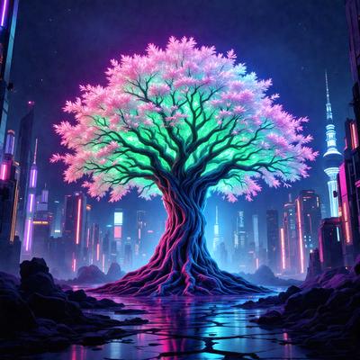 The primary subject of the image is a large, colorful tree with purple, green, and pink leaves. The tree is located in the middle of a city, surrounded by tall buildings. The visual style of the image is digital art, with the tree and its surroundings appearing to be digitally rendered. The colors and mood of the image are vibrant and lively, with the tree standing out as a unique and eye-catching feature in the urban landscape.